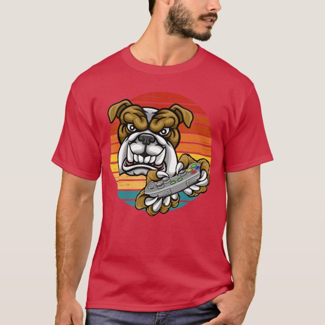 Camiseta Video Game Bull Dog Gamer Gaming Retro Sunset Anim (Frente)