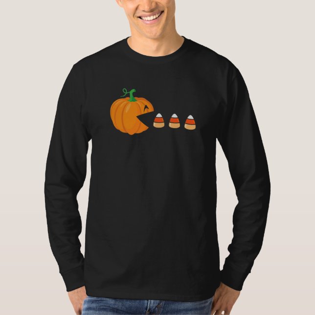 Camiseta Video Game Halloween Cute Pumpkin Eating Candy Cor (Frente)