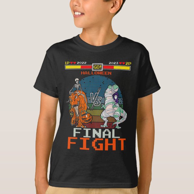 Camiseta Vídeo Jogo Halloween T-rex Skeleton Mummy - Final (Frente)