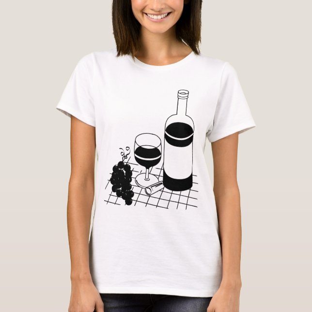 Camiseta Vidro e Uvas de Garrafa Comida Arte (Frente)