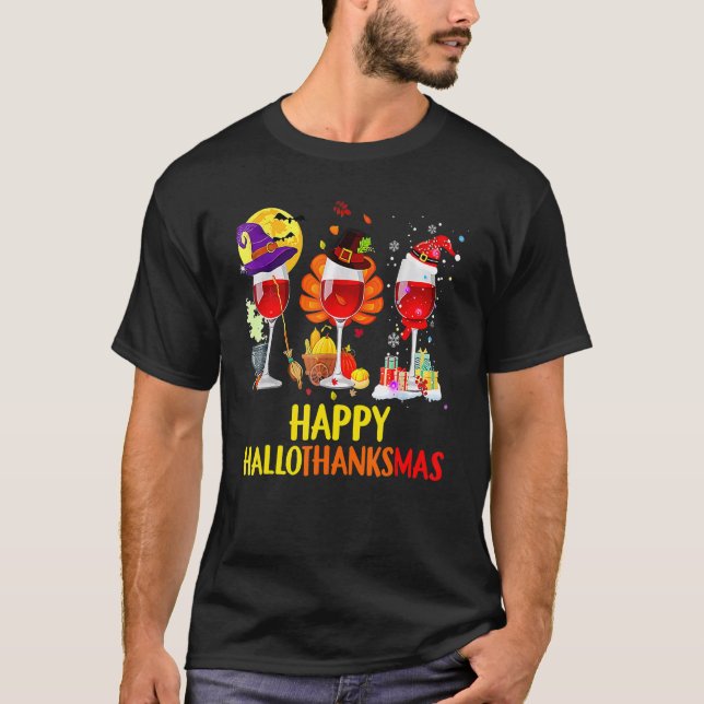 Camiseta Vidro Vinho Ação de Graças Feliz Hallothanksmas (Frente)