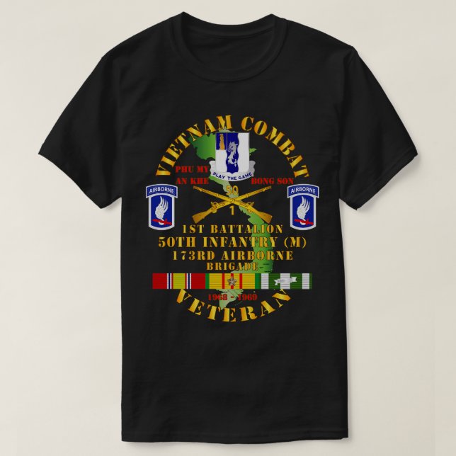 Camiseta Vietnã Combate Veterano com 1rua Bn 50th Inf 173rd (Frente do Design)