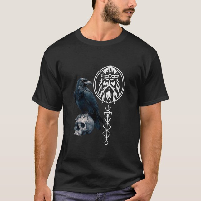 Camiseta Viking Hugin Odin's Raven com Crânio Viking (Frente)