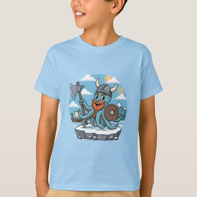 Camiseta Viking Octopus Cartoon Funny Boys | Girls Skyblue (Frente)