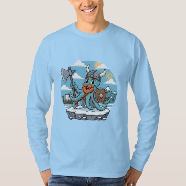 Camiseta Viking Octopus Cartoon Funny Womens | Mens Skyblue (Frente)