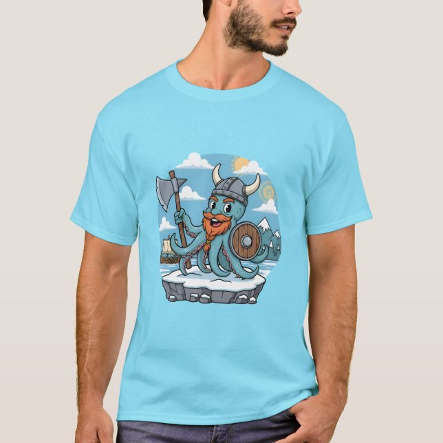 Camiseta Viking Octopus Cartoon Funny Womens | Mens Skyblue (Frente)