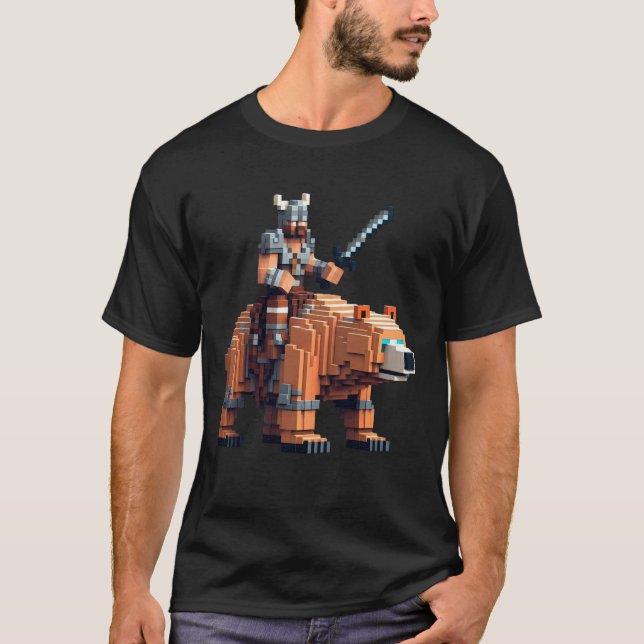 Camiseta Viking Riding Bear Block Style Pixel Art Gamer Gra (Frente)