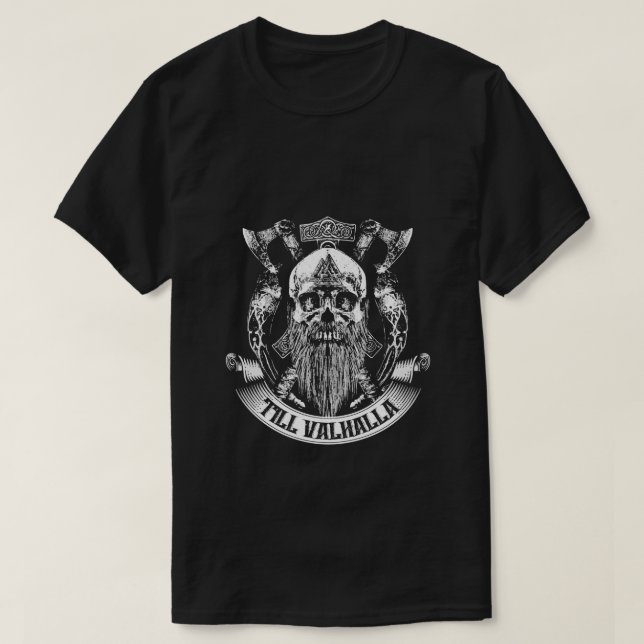Camiseta Viking Till Valhalla Skull Com Ax (Frente do Design)