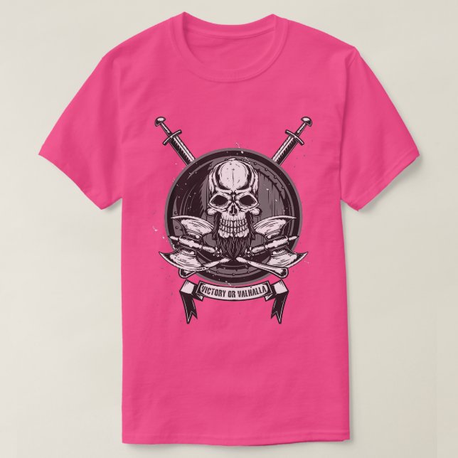 Camiseta Vikings Skull Shieldmaiden com eixos Vitória ou Va (Frente do Design)