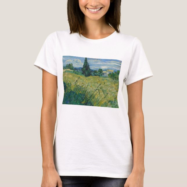 Camiseta Vincent Van Gogh, Campo de Trigo Verde com Cypress (Frente)