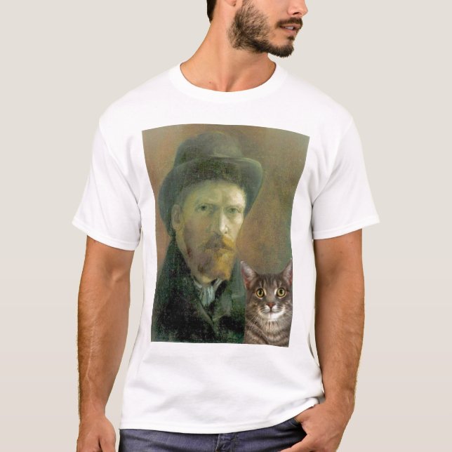 Camiseta Vincent van Gogh e seu gato de gato malhado (Frente)