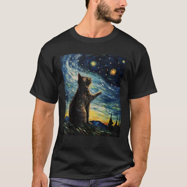 Camiseta Vincent Van Gogh Starry Night Cat Engraçado Black (Frente)