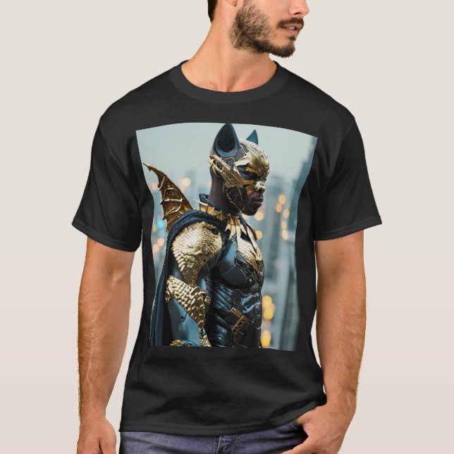 Camiseta Vingança do ouro: Homem Bat Africano no Braço Cybe (Frente)