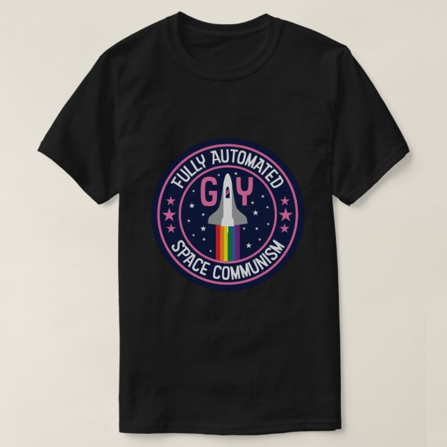 Camiseta Vinheta Comunista de Espaço Gay Totalmente Automat (Frente do Design)