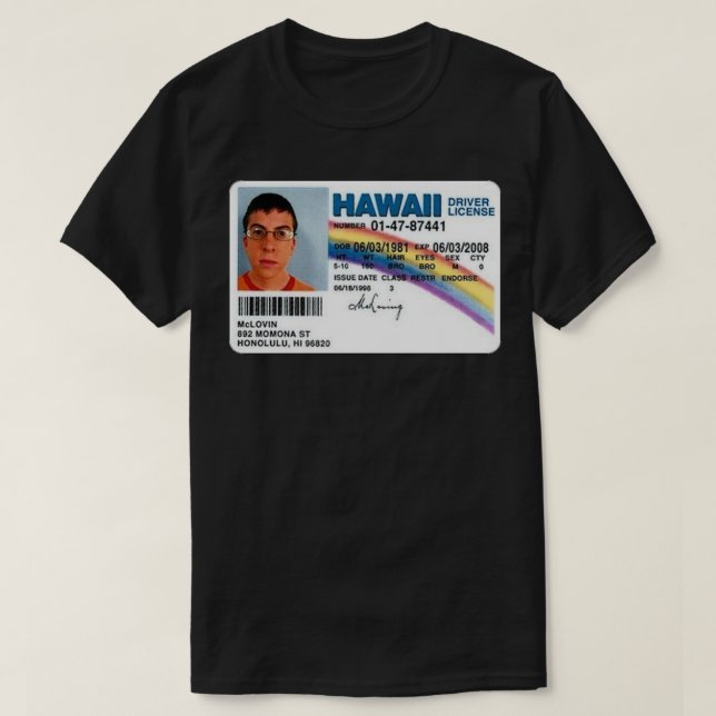 Camiseta Vinheta de ID de Falso Mclovin (Frente do Design)