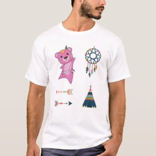 Camiseta Vinheta de Urso Rosa Indiano Set Bear Dreamcatcher