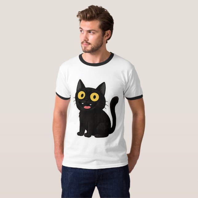 Camiseta Vinheta Preta Engraçado com Olhos Amarelos (Frente Completa)