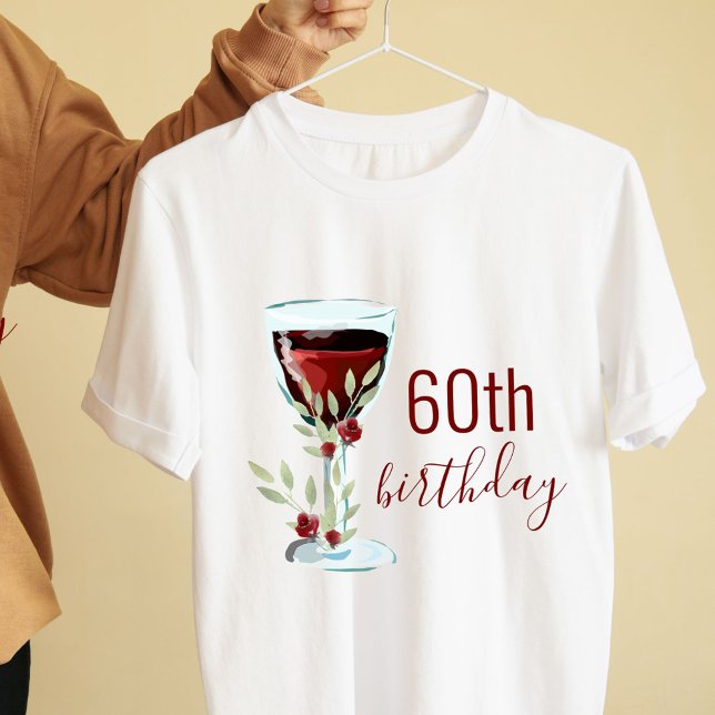 Camiseta Vinho Vermelho Rosa Watercolor 60º Aniversário (Criador carregado)
