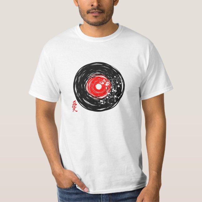 Camiseta Vinil Record Retro Grunge Com Sakura Blossomo (Frente)