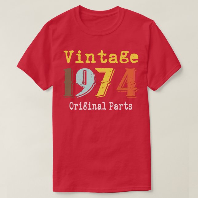 Camiseta Vintage 1974 Original Parts Birthday (Frente do Design)