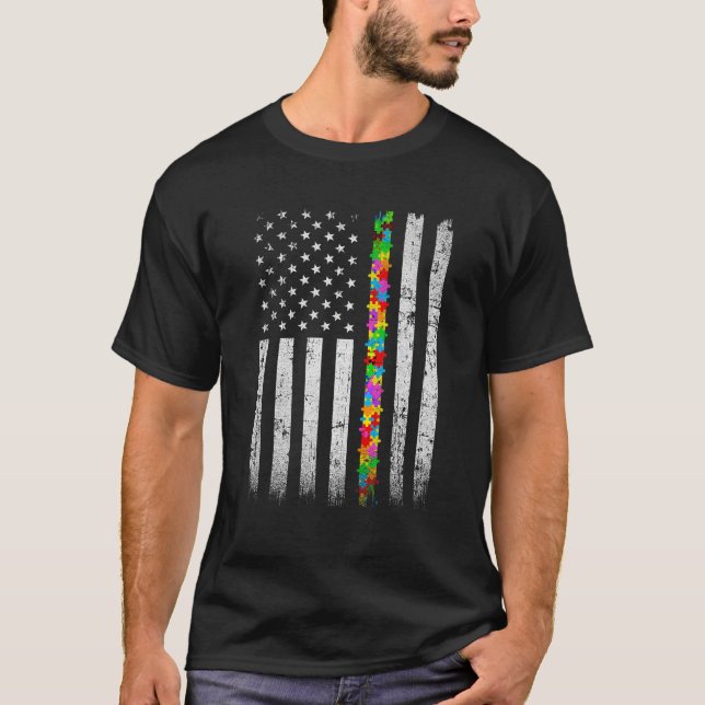 Camiseta Vintage American Flag Autism Awarness Quebra-cabeç (Frente)