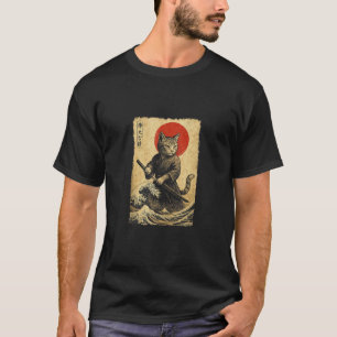 Camiseta Vintage Anime Cat Samurai Japonês Engraçado Gráfic