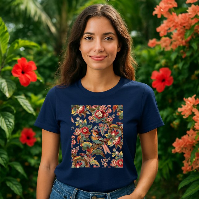 Camiseta Vintage Art Nouveau Tropical Parrots Patterno (Criador carregado)