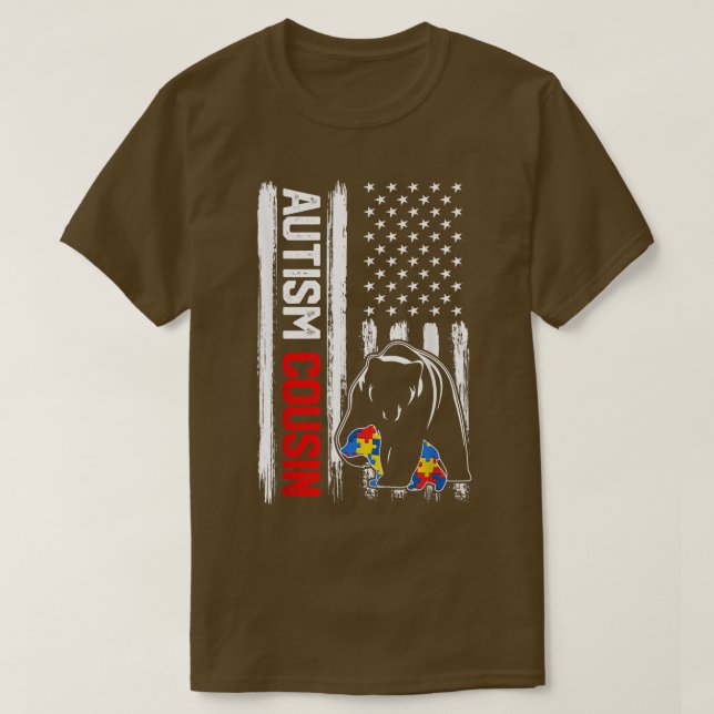 Camiseta Vintage Autism Cousin Bear American Flag Consciênc (Frente do Design)