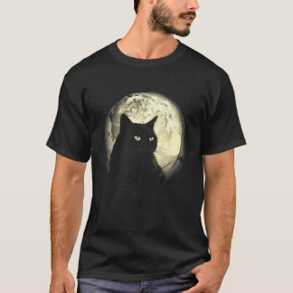 Camiseta Vintage Black Cat Yellow Eyes With Moon Graphic Wo