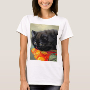 Camiseta Vintage Black Kitten com Red Flower Blanket