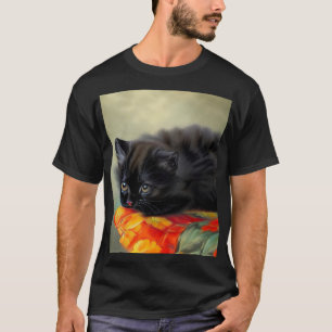 Camiseta Vintage Black Kitten com Red Flower Blanket