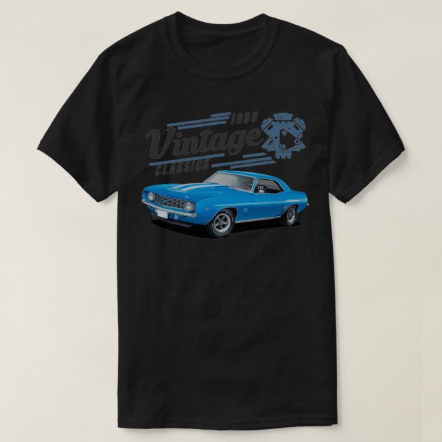 Camiseta Vintage Blue Camaro e Engine (Frente do Design)