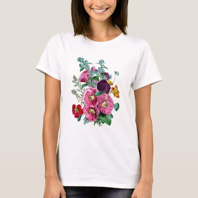 Camiseta Vintage Botanicals Ilustrações Hollyhocks (Frente)