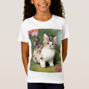 Camiseta Vintage Cat Illustration with Red Flowers