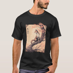 Camiseta Vintage Cherry Blossom Japonês Fox Scroll Graphic