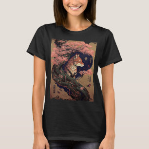 Camiseta Vintage Cherry Blossom Japonês Fox Scroll Graphic