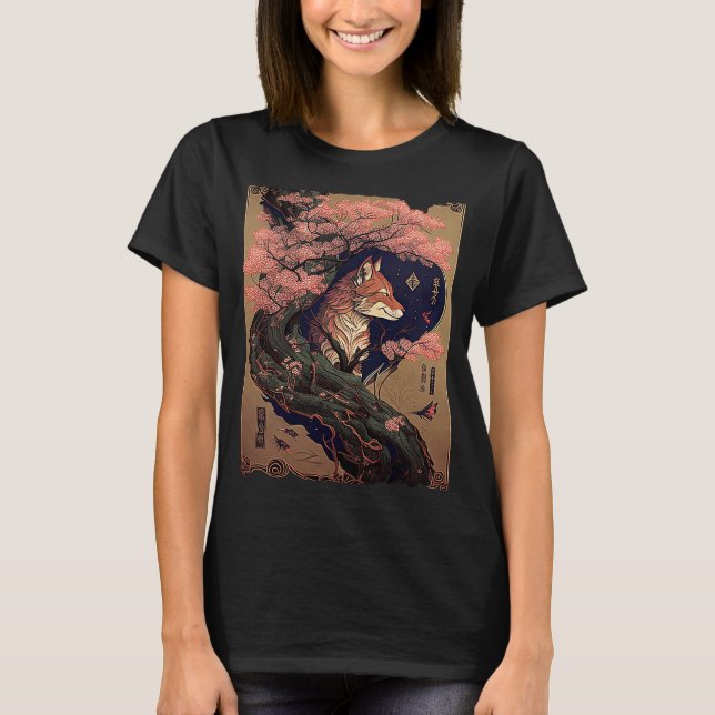Camiseta Vintage Cherry Blossom Japonês Fox Scroll Graphic (Frente)
