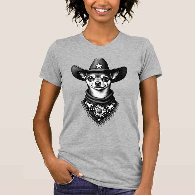 Camiseta Vintage Chihuahua Cowboy Engraving Style Western D (Frente)