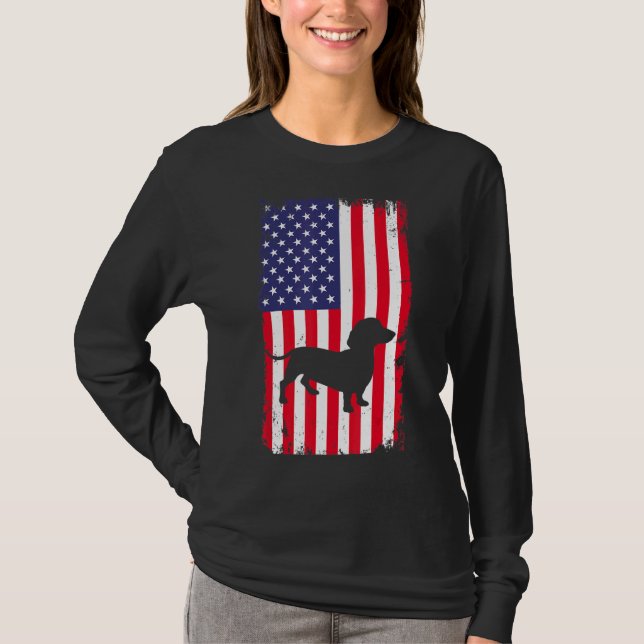 Camiseta Vintage Dachshund Dog American Flag Patriotic Dog (Frente)
