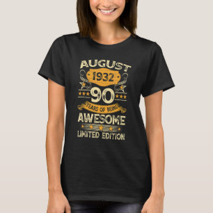 Camiseta Vintage de 90 anos Agosto de 1932 90 Aniversário