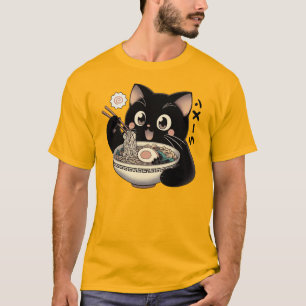 Camiseta Vintage de Noodles de Anime de Gato Negro Japonês