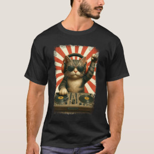 Camiseta Vintage DJ Cat Disco Sound Tech Headphone Eletro
