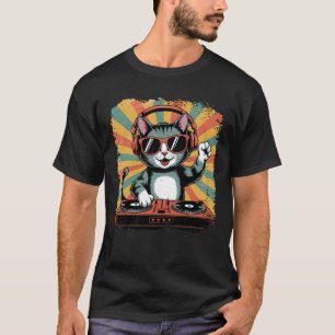Camiseta Vintage DJ Cat Disco Sound Tech Headphone Eletro