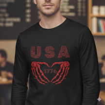 Camiseta Vintage EUA 1776 Coração Esqueleto Mãos