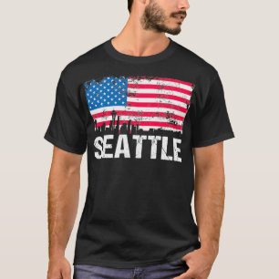 Camiseta Vintage EUA Flag American City Skyline Seattle Was