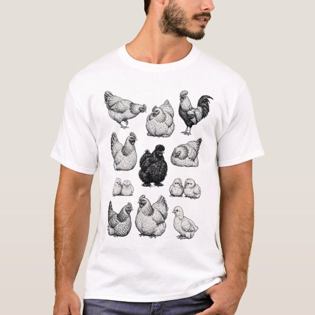 Camiseta Vintage Farm Chicken Illustration Set (Frente)
