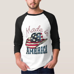 Camiseta Vintage Feito na América Chapéu de Cowboy Patrióti