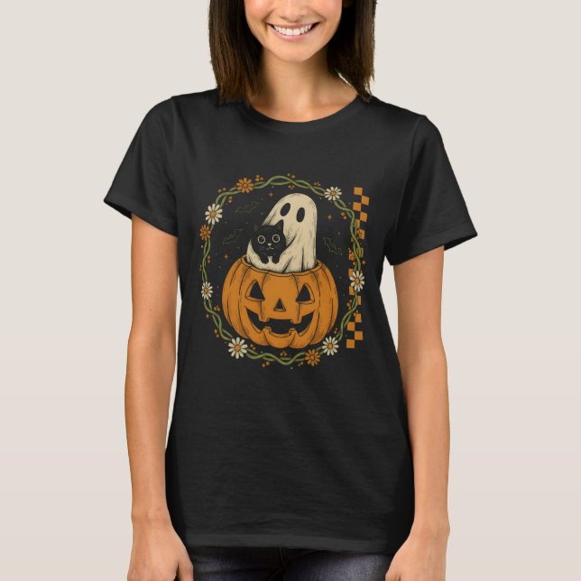 Camiseta Vintage Ghost Cat Pumpkin | Cute Halloween (Frente)