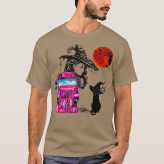 Camiseta Vintage Halloween Black Cat Witn Moon & Pink Scho