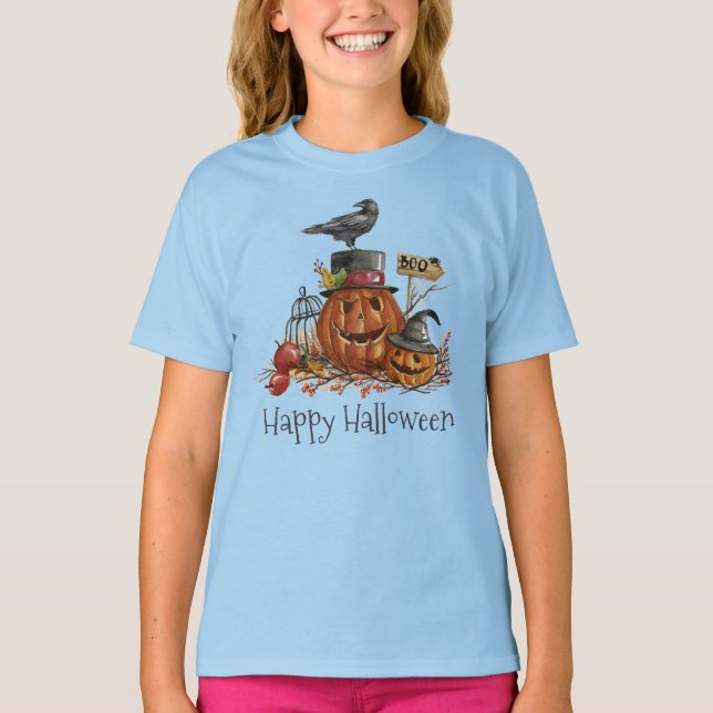 Camiseta Vintage Halloween Black Pumpkins Capa Shirt (Frente)